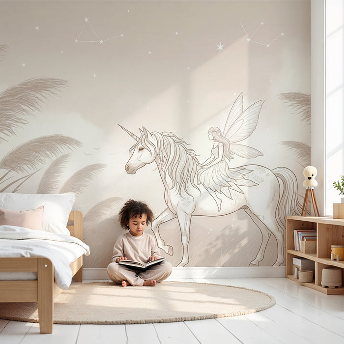 Kinderzimmer Tapete | Magisches Einhorn und Fee in einer märchenhaften Landschaft