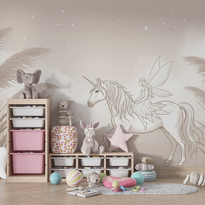 Kinderzimmer Tapete | Magisches Einhorn und Fee in einer märchenhaften Landschaft
