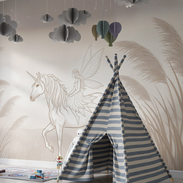 Kinderzimmer Tapete | Magisches Einhorn und Fee in einer märchenhaften Landschaft