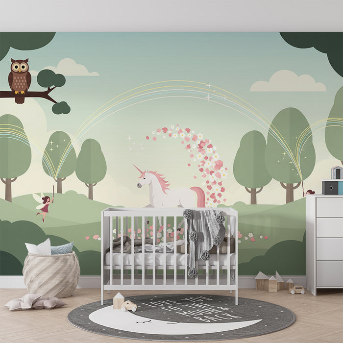 Kinderzimmer Tapete | Magische Einhörner und Feen in einer bezaubernden Landschaft
