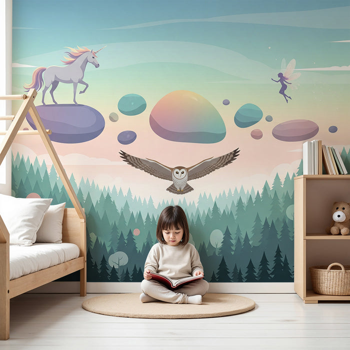 Papier peint chambre enfant | Licorne magique et forêt enchantée avec hibou et fée