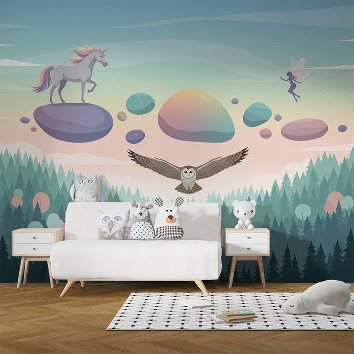 Papier peint chambre enfant | Licorne magique et forêt enchantée avec hibou et fée