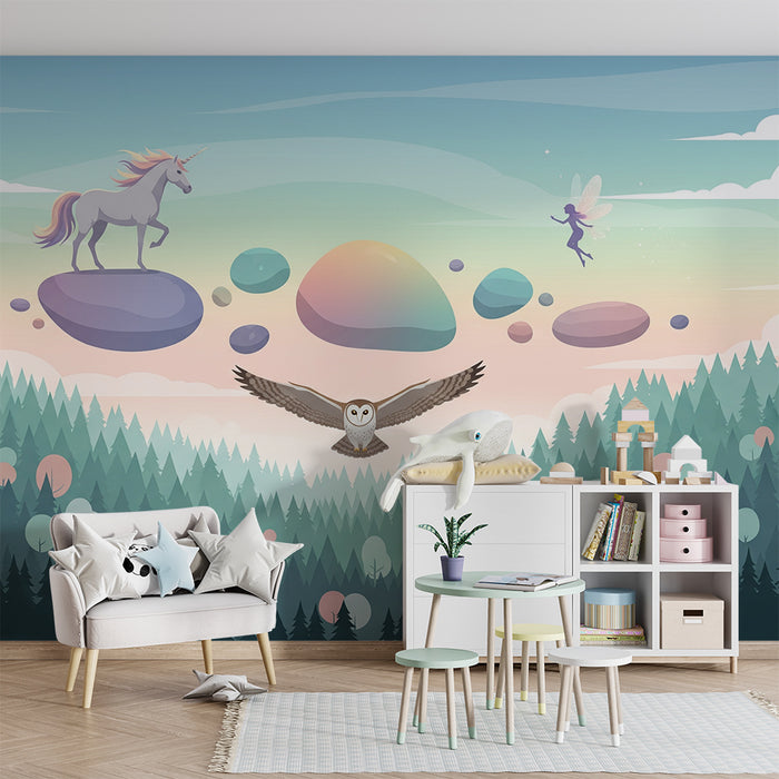 Papier peint chambre enfant | Licorne magique et forêt enchantée avec hibou et fée