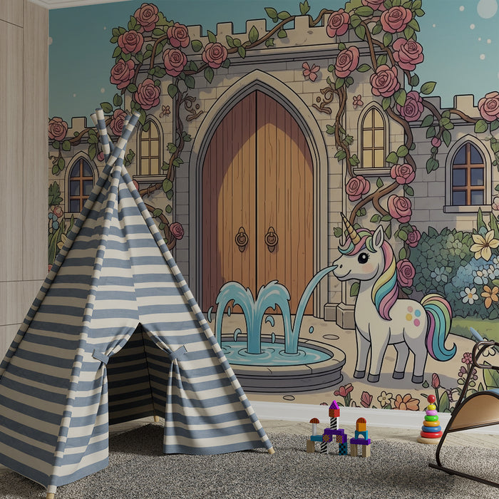 Papel pintado infantil | Unicornio mágico y jardín florido frente a un castillo