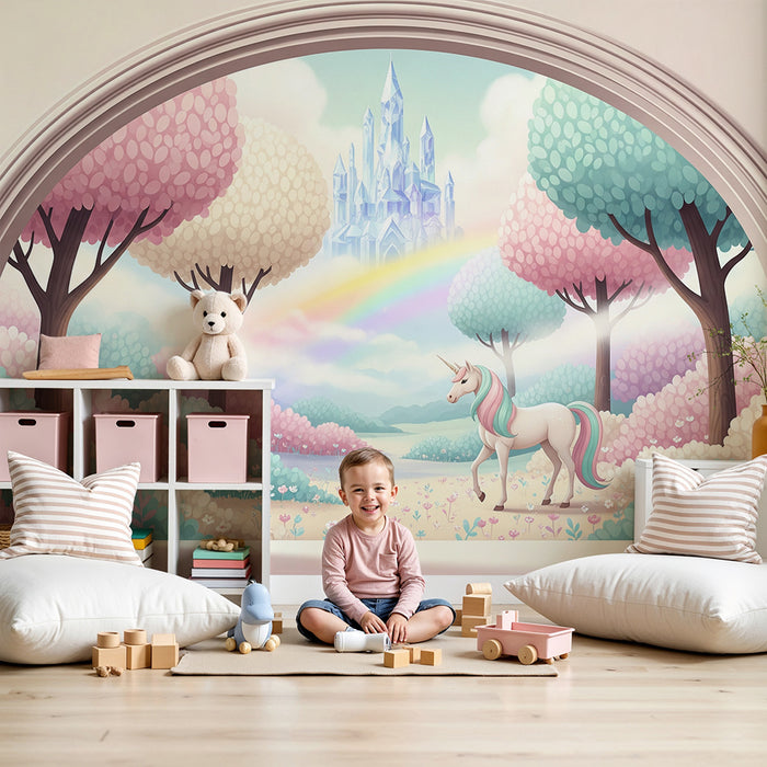 Behang kinderkamer | Magische eenhoorn en feeëriek landschap met kristallen kasteel