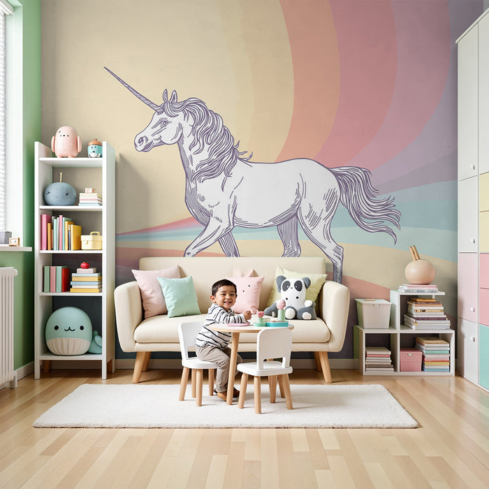 Papel pintado infantil | Unicornio mágico sobre fondo pastel arcoíris