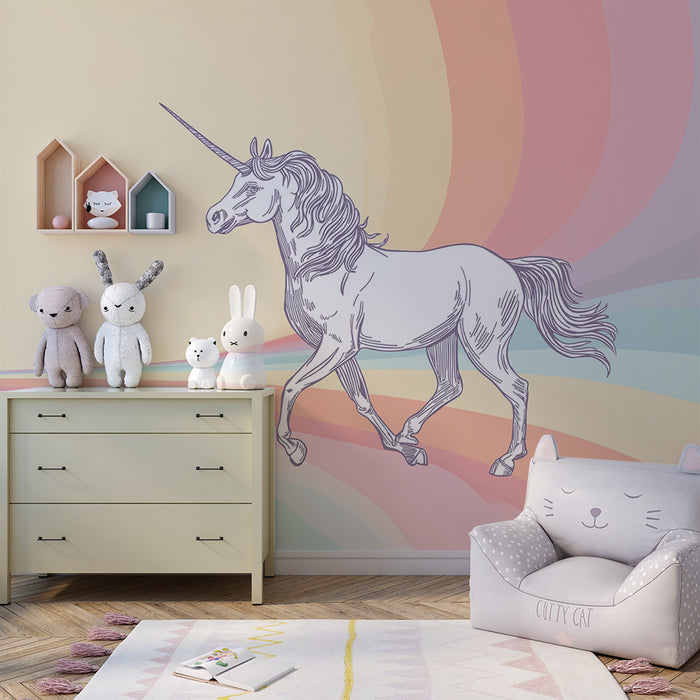 Papel pintado infantil | Unicornio mágico sobre fondo pastel arcoíris