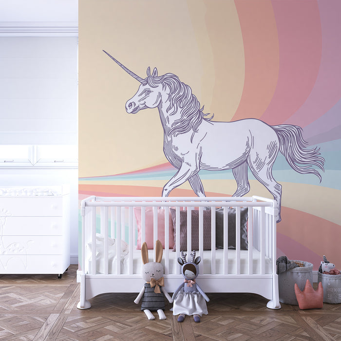 Papel pintado infantil | Unicornio mágico sobre fondo pastel arcoíris