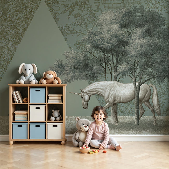 Kinderzimmer Tapete | Majestätisches Einhorn inmitten eines abstrakten Waldes