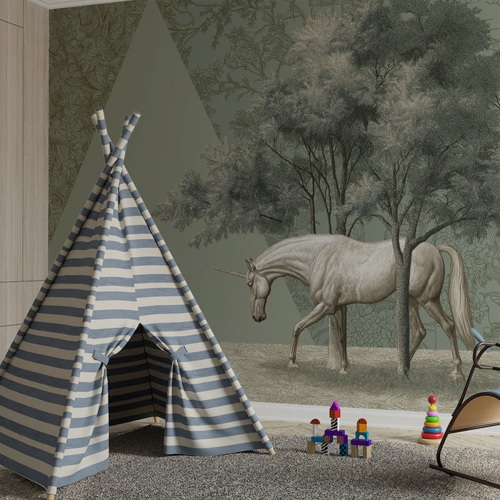 Kinderzimmer Tapete | Majestätisches Einhorn inmitten eines abstrakten Waldes