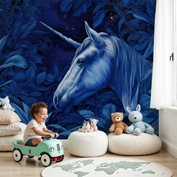 Børneværelse tapet | Majestætisk enhjørning midt i en stjerneskov