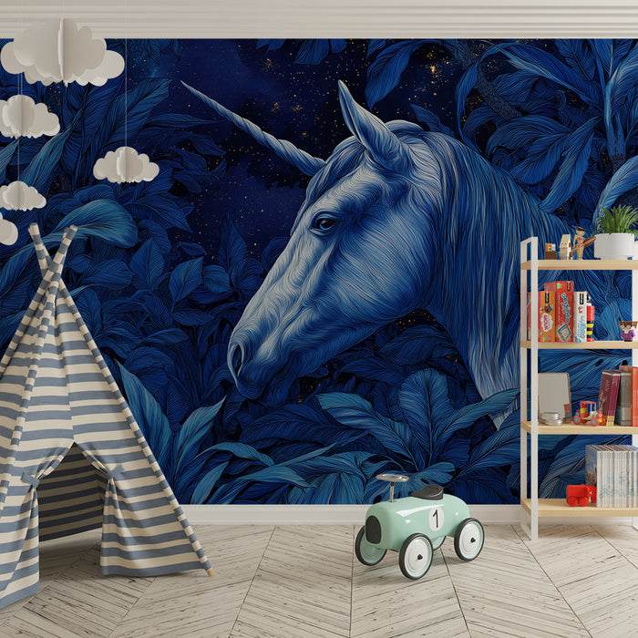 Børneværelse tapet | Majestætisk enhjørning midt i en stjerneskov