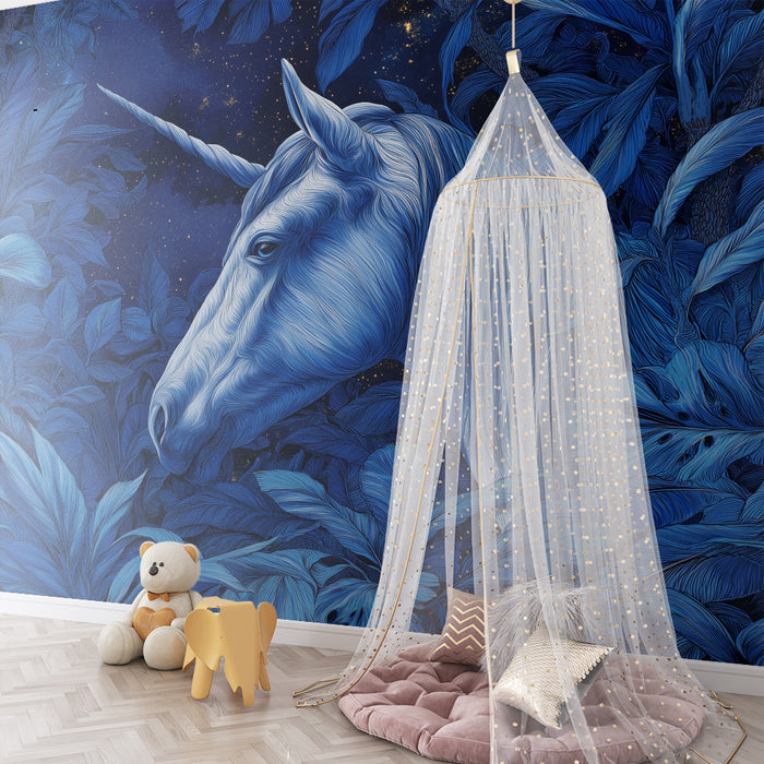 Børneværelse tapet | Majestætisk enhjørning midt i en stjerneskov