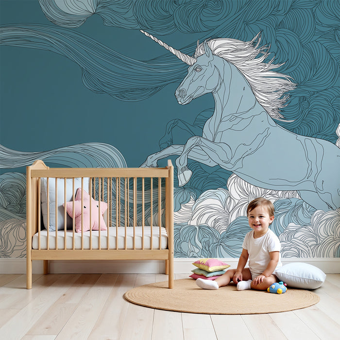 Kids room wallpaper | Majestic unicorn in a cloudy sky