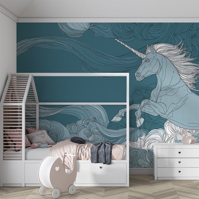 Kids room wallpaper | Majestic unicorn in a cloudy sky
