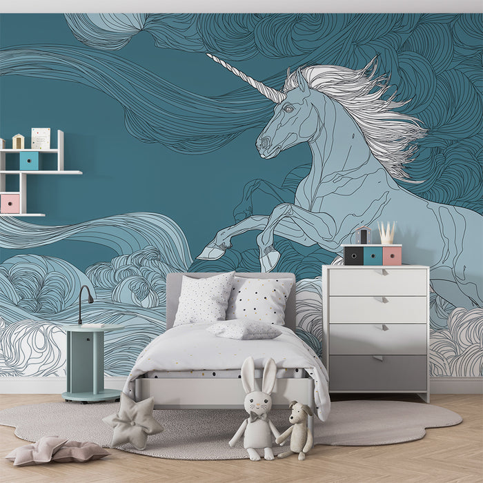 Kids room wallpaper | Majestic unicorn in a cloudy sky