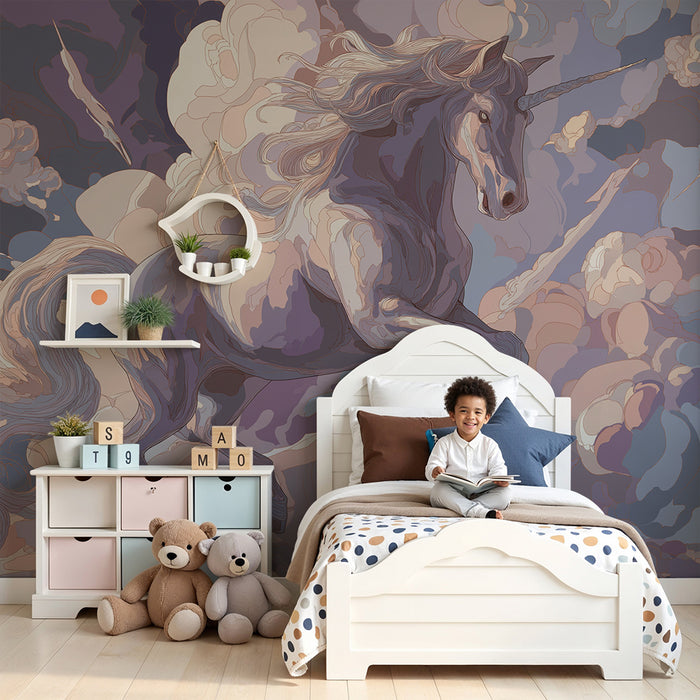 Kids room wallpaper | Majestic unicorn in a pastel cloudy sky