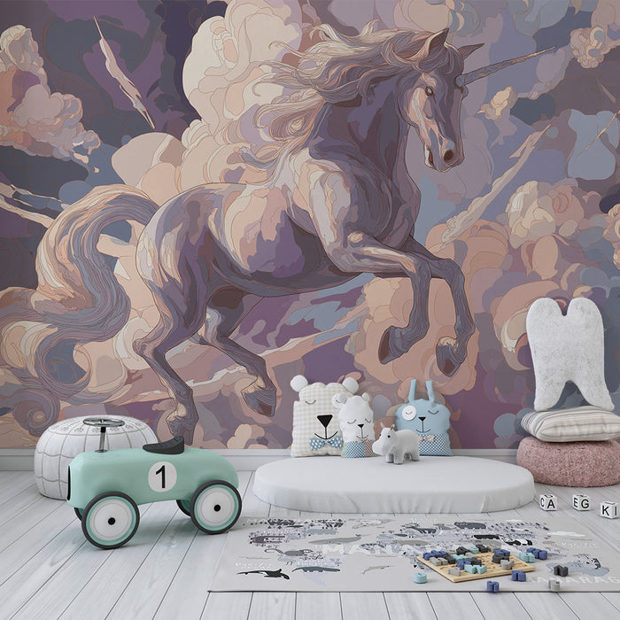 Kids room wallpaper | Majestic unicorn in a pastel cloudy sky