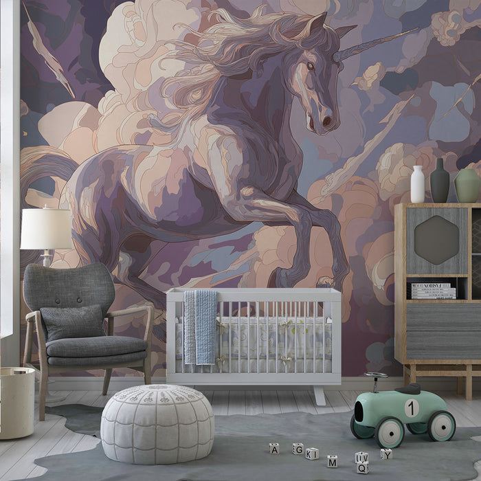 Kids room wallpaper | Majestic unicorn in a pastel cloudy sky