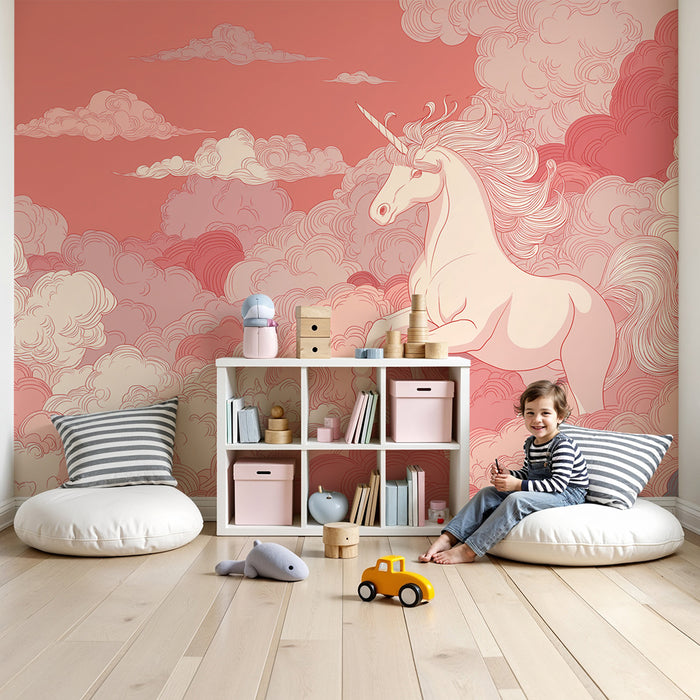 Papier peint chambre enfant | Licorne majestueuse dans un ciel nuageux pastel