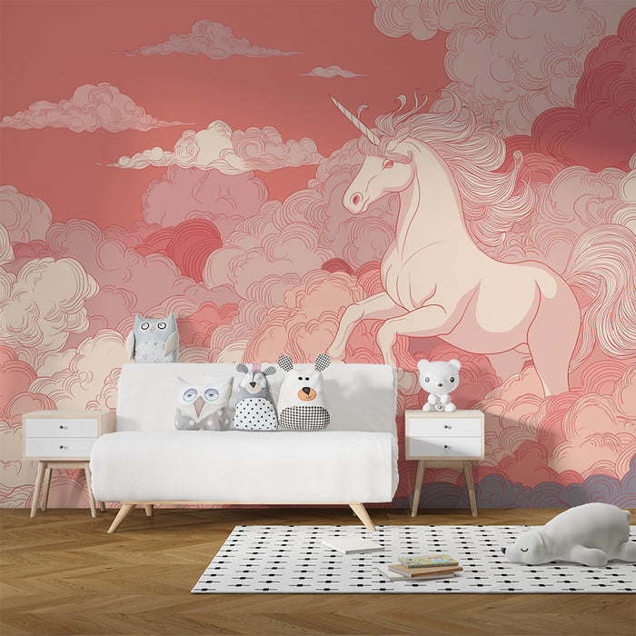 Papier peint chambre enfant | Licorne majestueuse dans un ciel nuageux pastel