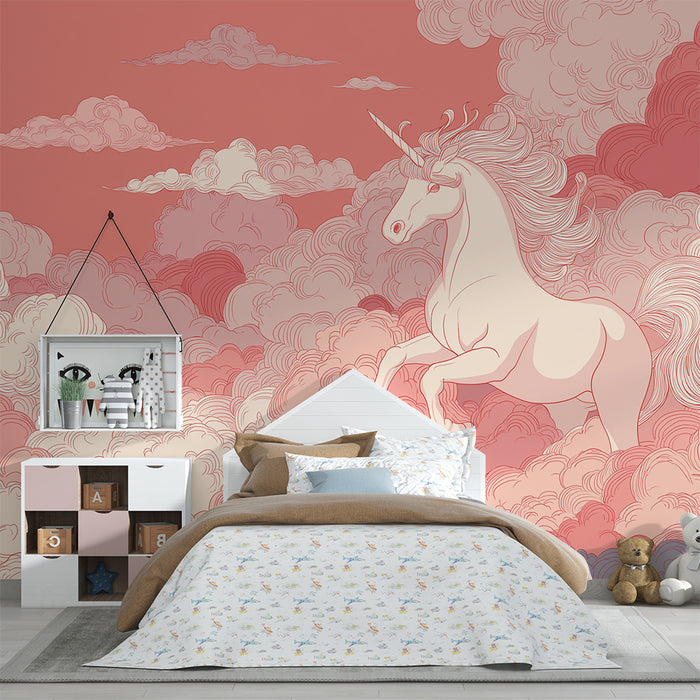 Papier peint chambre enfant | Licorne majestueuse dans un ciel nuageux pastel