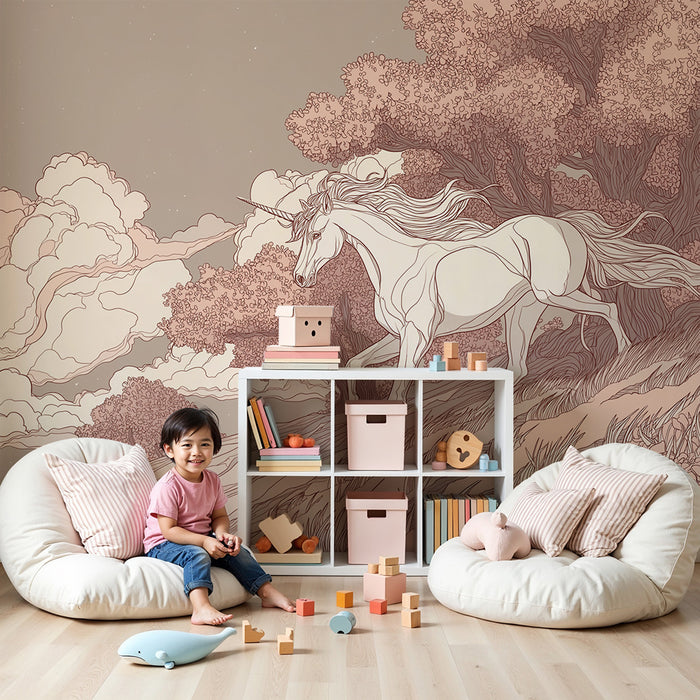 Papier peint chambre enfant | Licorne majestueuse dans un paysage onirique