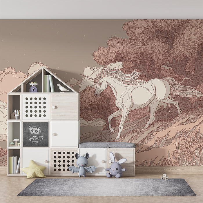 Papier peint chambre enfant | Licorne majestueuse dans un paysage onirique