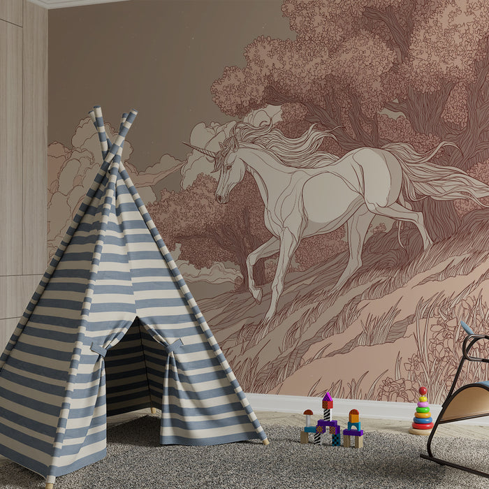 Papier peint chambre enfant | Licorne majestueuse dans un paysage onirique