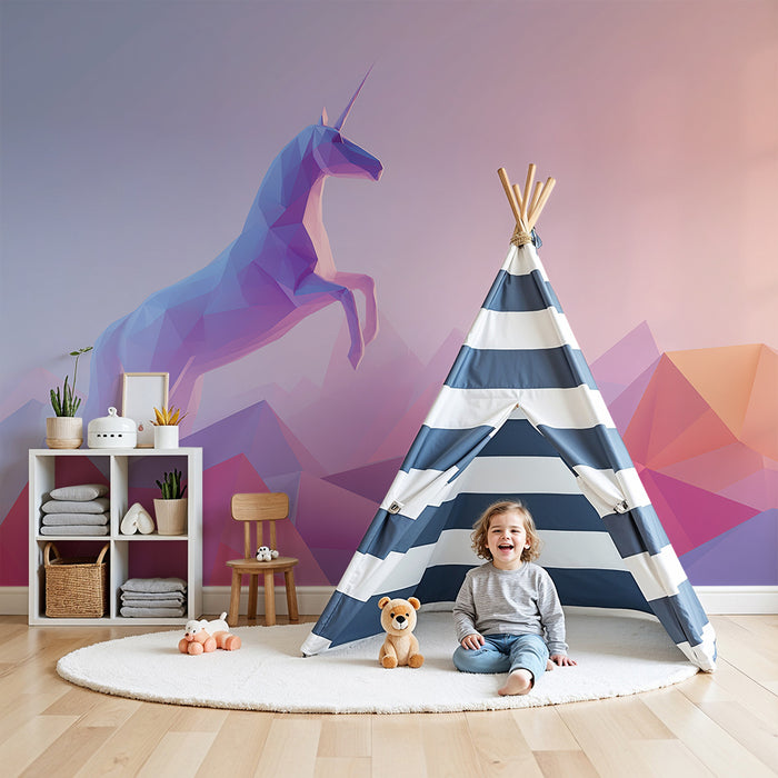 Kids room wallpaper | Majestic unicorn on a pastel geometric landscape