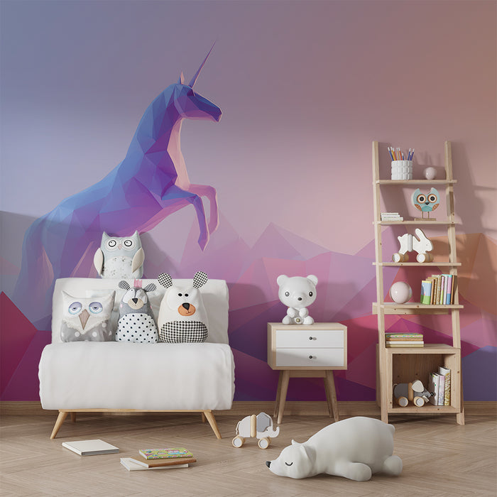 Kids room wallpaper | Majestic unicorn on a pastel geometric landscape