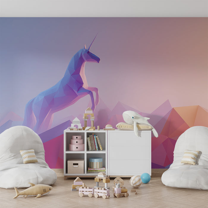 Kids room wallpaper | Majestic unicorn on a pastel geometric landscape