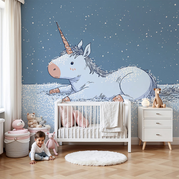 Kinderzimmer Tapete | Niedliches Einhorn in verschneiter Landschaft