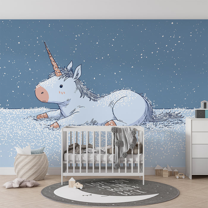 Kinderzimmer Tapete | Niedliches Einhorn in verschneiter Landschaft