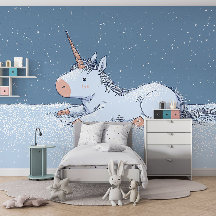 Kinderzimmer Tapete | Niedliches Einhorn in verschneiter Landschaft