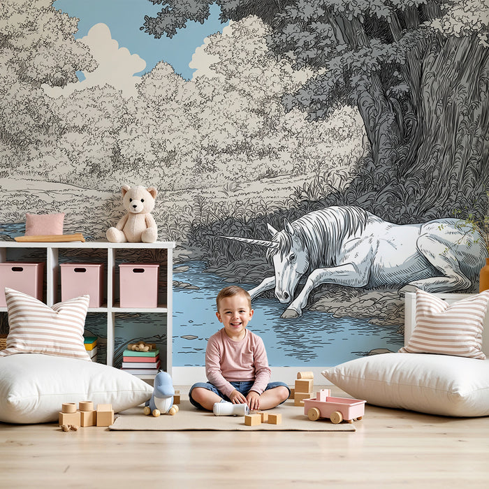 Kinderzimmer Tapete | Friedliches Einhorn am Wasser in einem verzauberten Wald