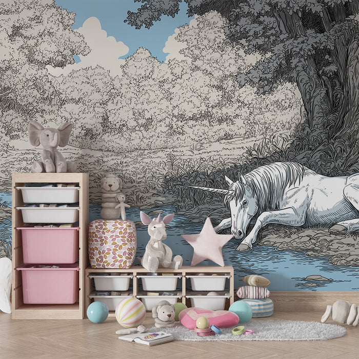 Kinderzimmer Tapete | Friedliches Einhorn am Wasser in einem verzauberten Wald