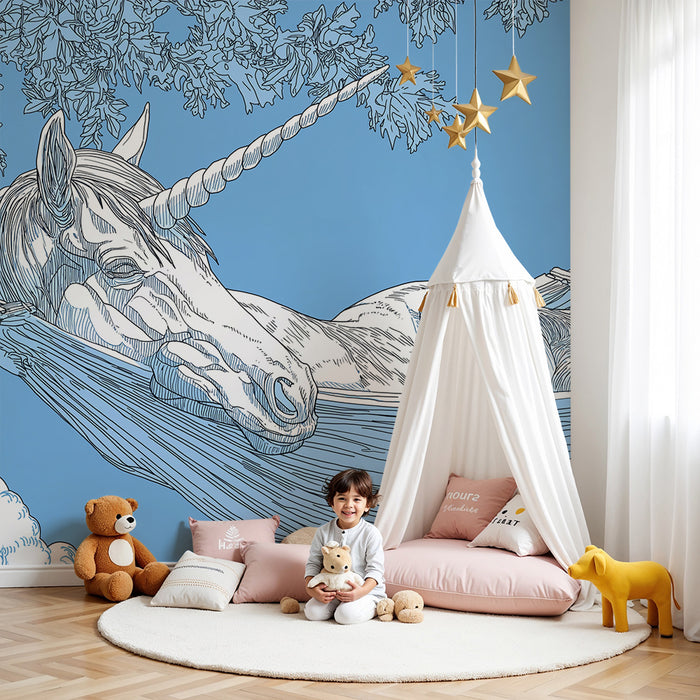 Kids room wallpaper | Klidný jednorožec v hamace pod modrou oblohou