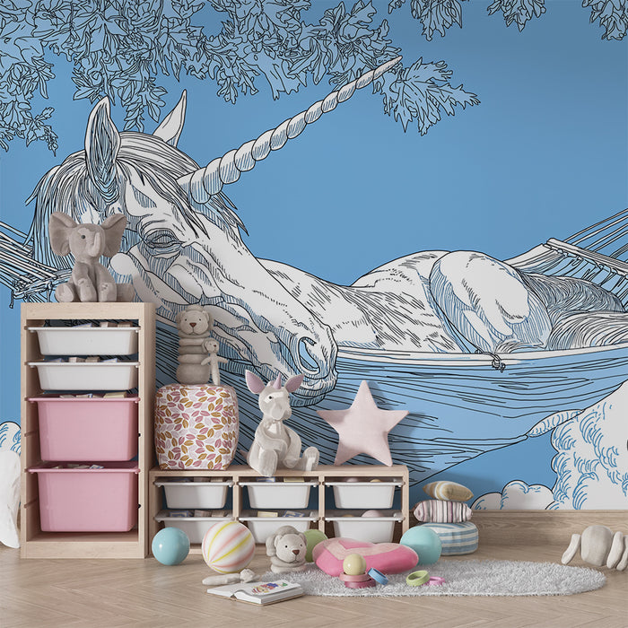 Kids room wallpaper | Klidný jednorožec v hamace pod modrou oblohou