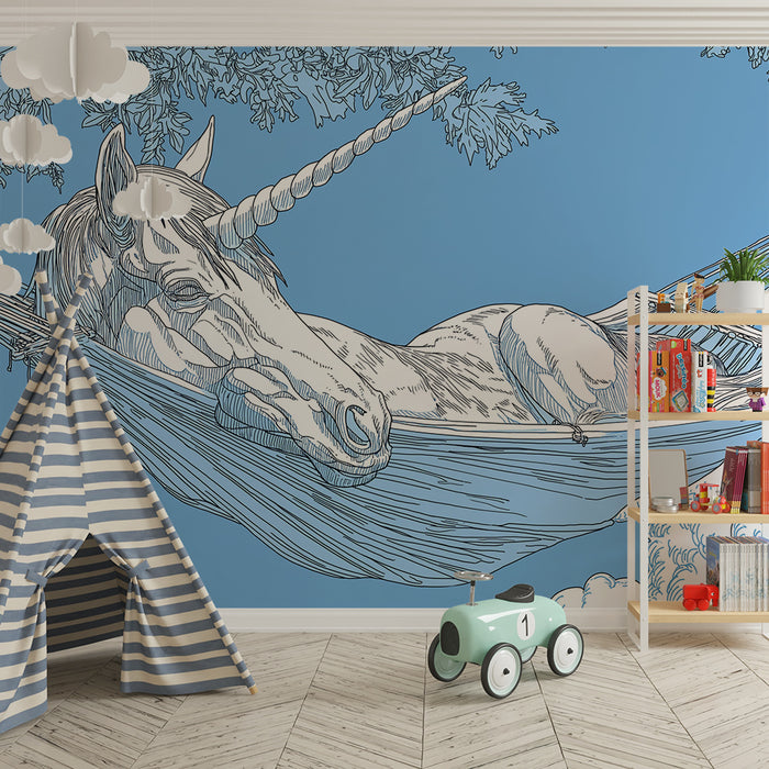 Kids room wallpaper | Klidný jednorožec v hamace pod modrou oblohou
