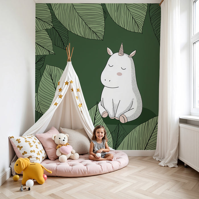Kinderkamer behang | Rustige eenhoorn omringd door weelderig bladgroen