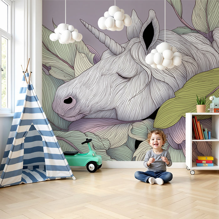 Papier peint chambre enfant | Licorne paisible entourée de feuillage pastel