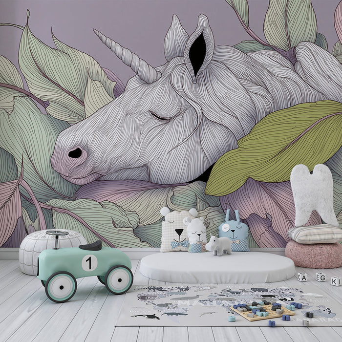 Papier peint chambre enfant | Licorne paisible entourée de feuillage pastel