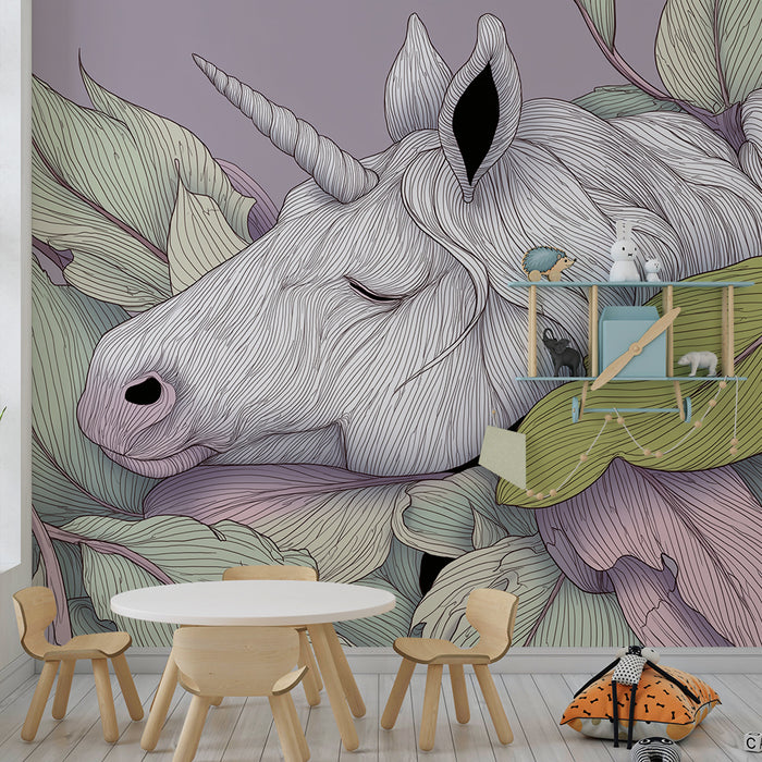 Papier peint chambre enfant | Licorne paisible entourée de feuillage pastel