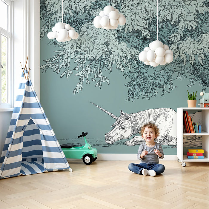 Kinderzimmer Tapete | Friedlicher Einhorn unter einem majestätischen Baum