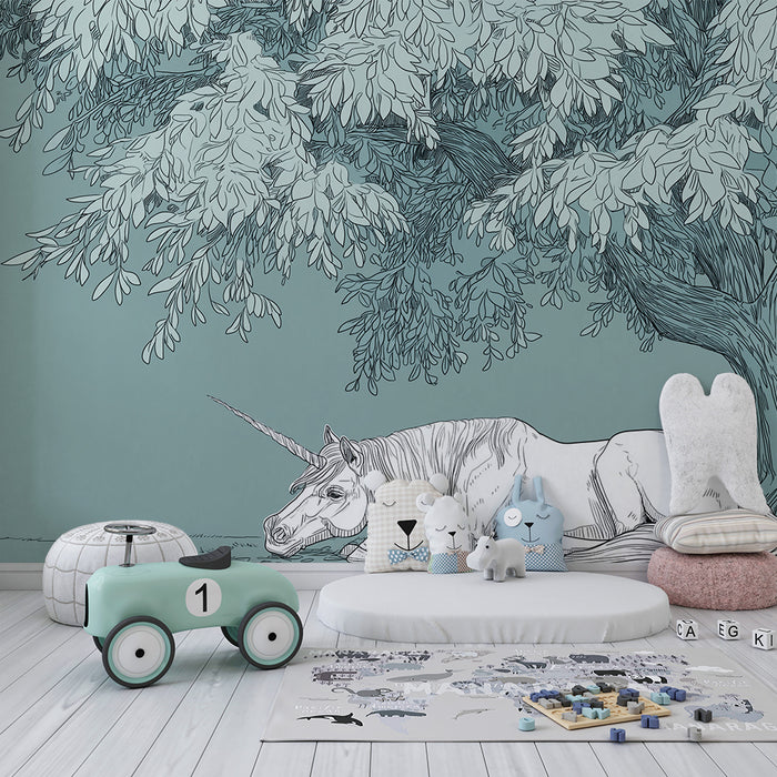 Kinderzimmer Tapete | Friedlicher Einhorn unter einem majestätischen Baum