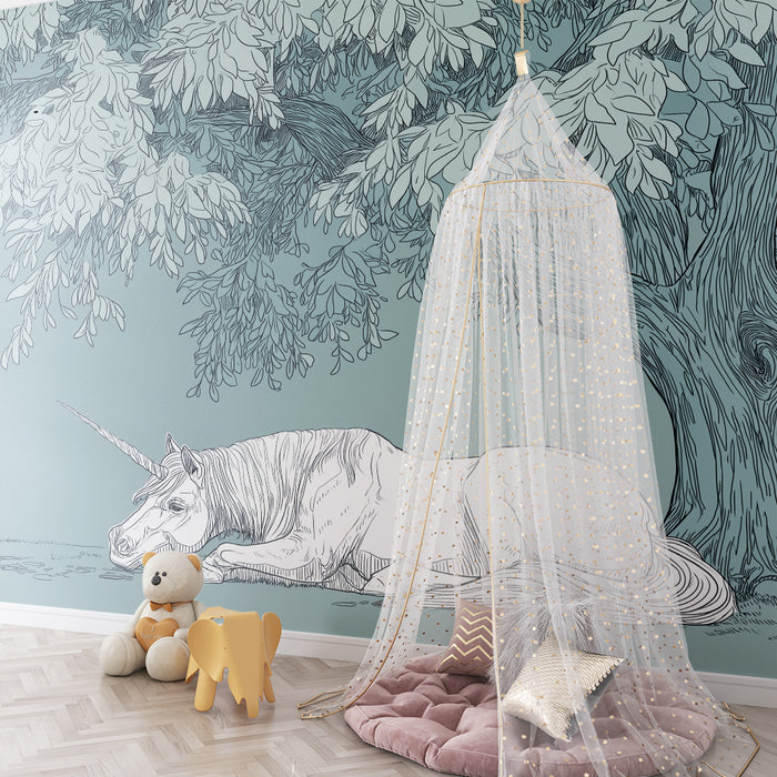 Kinderzimmer Tapete | Friedlicher Einhorn unter einem majestätischen Baum