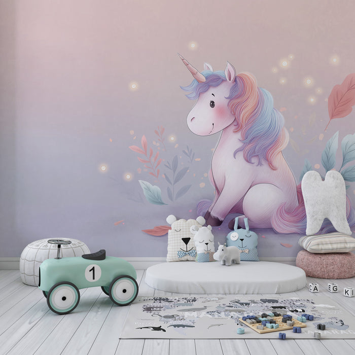 Tapet camera copil | Unicorn pastel și natură fermecătoare