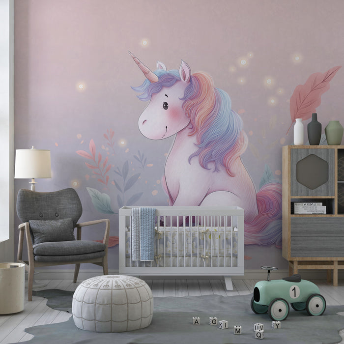 Tapet camera copil | Unicorn pastel și natură fermecătoare