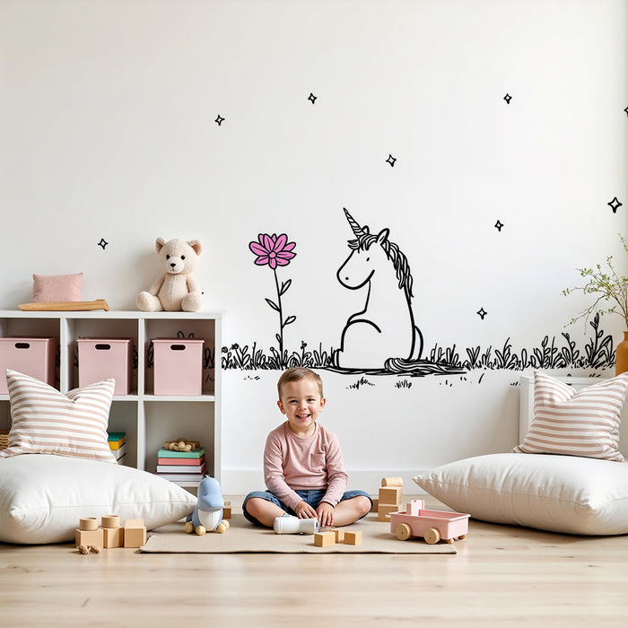 Børneværelse tapet | Drømmende enhjørning og lyserød blomst i en fortryllet have